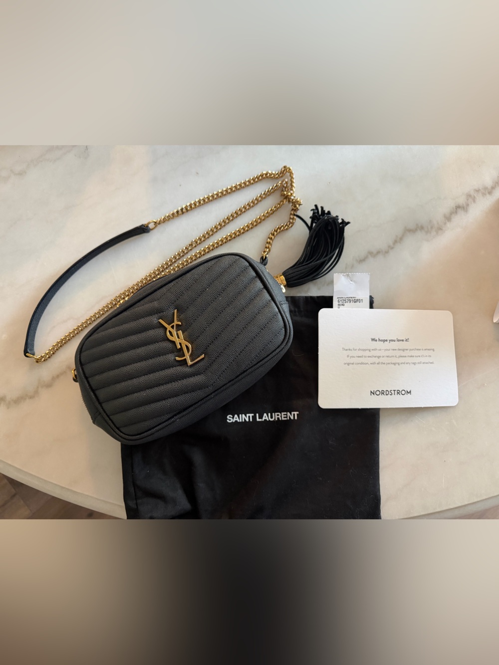 Saint Laurent Black Quilted Lou Crossbody with Gold Hardware and Tassel